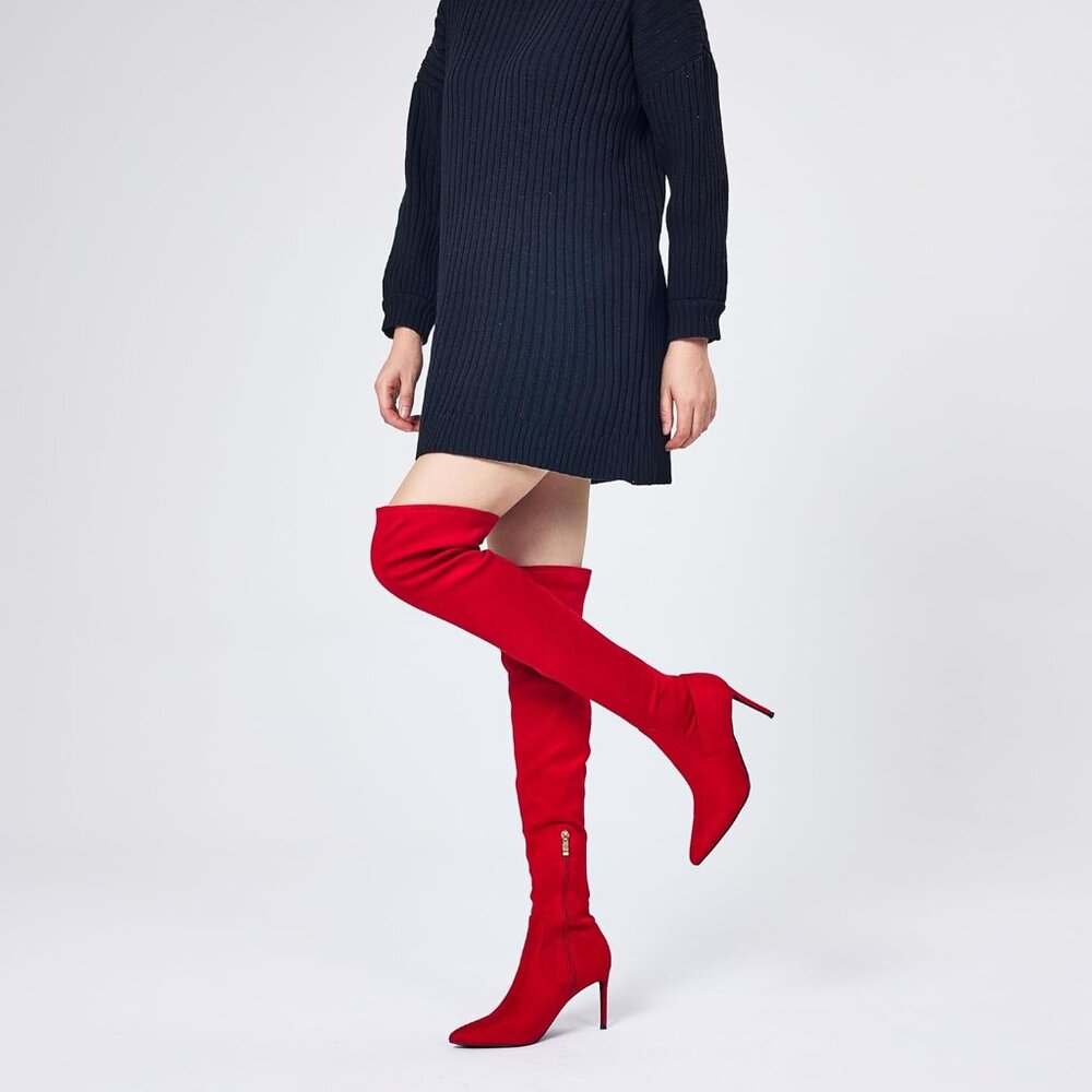 ⚡Women's Suede Red Sexy 4.3 inch Tang Thigh High Boots Over Knee Pointed Toe - Picture 8 of 9